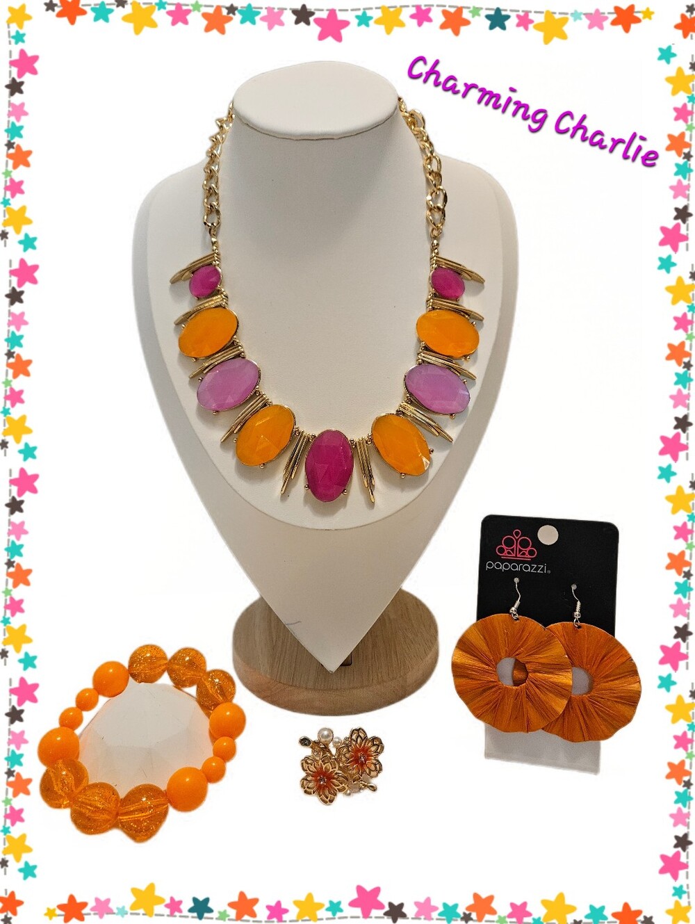 Charming Charlie Gold Tone Necklace Plus Bracelet-Brooch-Earrings-Orange & Pink